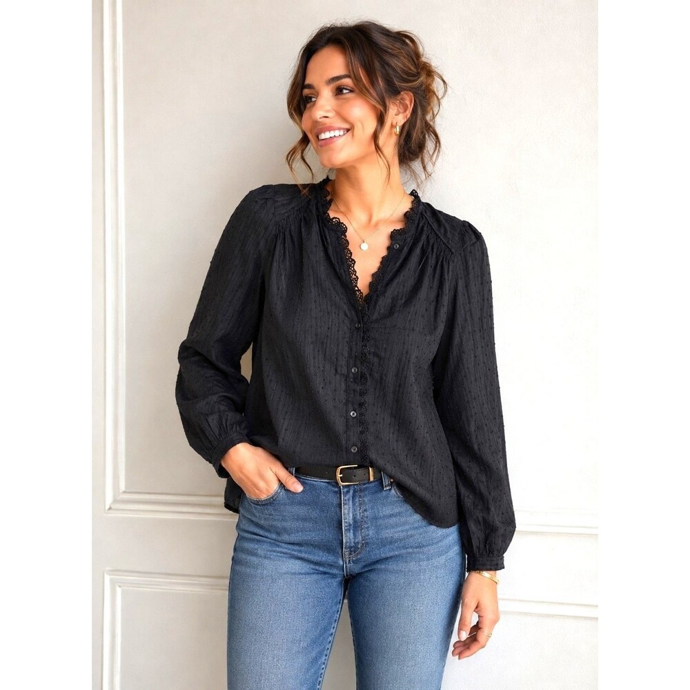 Joie Black Swiss Dot Shirt Lace Trim Ruffles Button Front Cotton Size XXS
